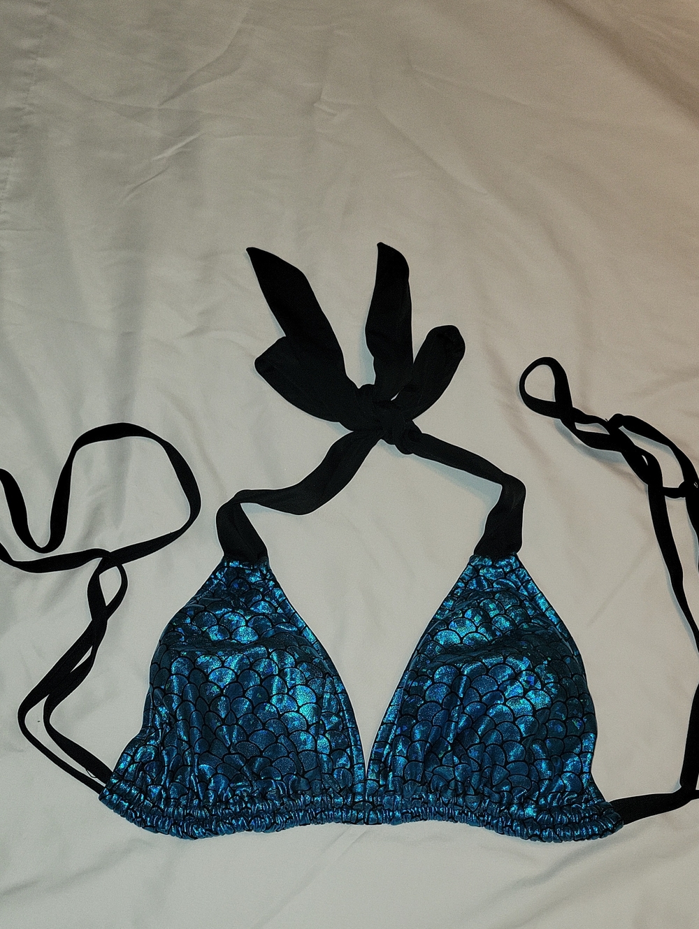 Black & Blue Mermaid Scale Look, Halter Bikini Top - Unbranded